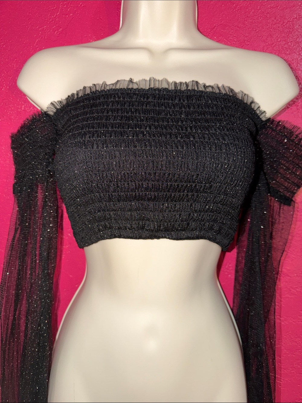 Rehab Black sparkling  top with Mesh long sleeves. Sz S. Whimsigoth. Fairycore.